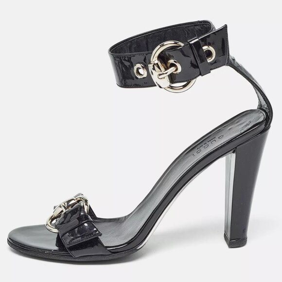 GUCCI Women's Black Patent Leather Buckle Detail Ankle Strap Sandals Size 6.5B